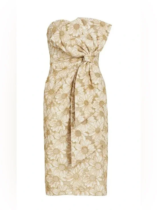 NWT- Badgley Mischka Strapless Gold & White Daisy Bow cocktail dress. Brand new! - Picture 2 of 10